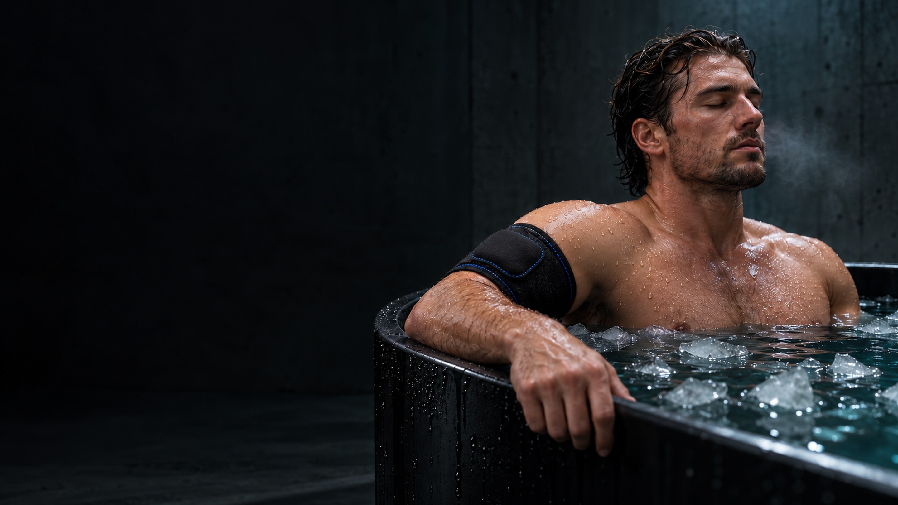Athlete in a cold plunge with a blue-stitched Kontrast cold pack and wrap over the sensor on his upper arm.
