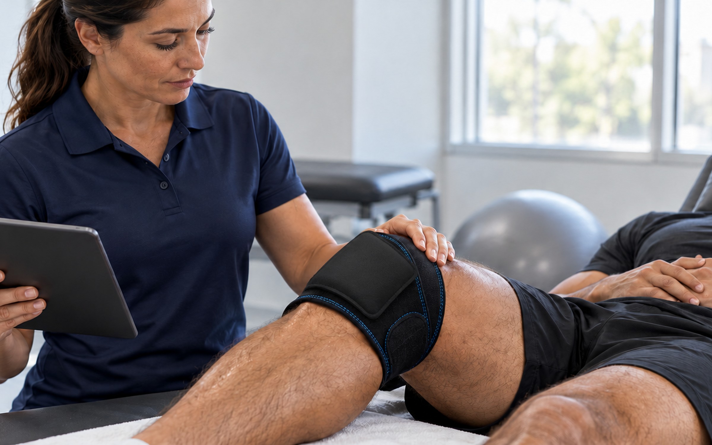 Athletic therapist reviewing a tablet beside an athlete wearing a Kontrast knee carrier in a daylight sports clinic.
