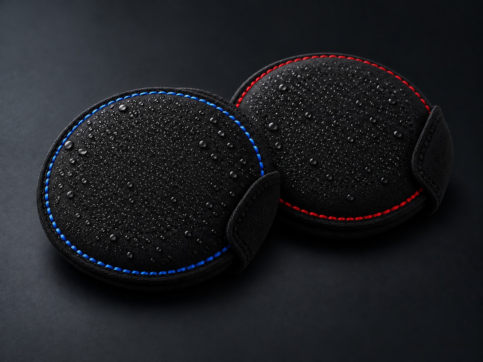 Matte black cold and heat packs with blue and red perimeter stitching.