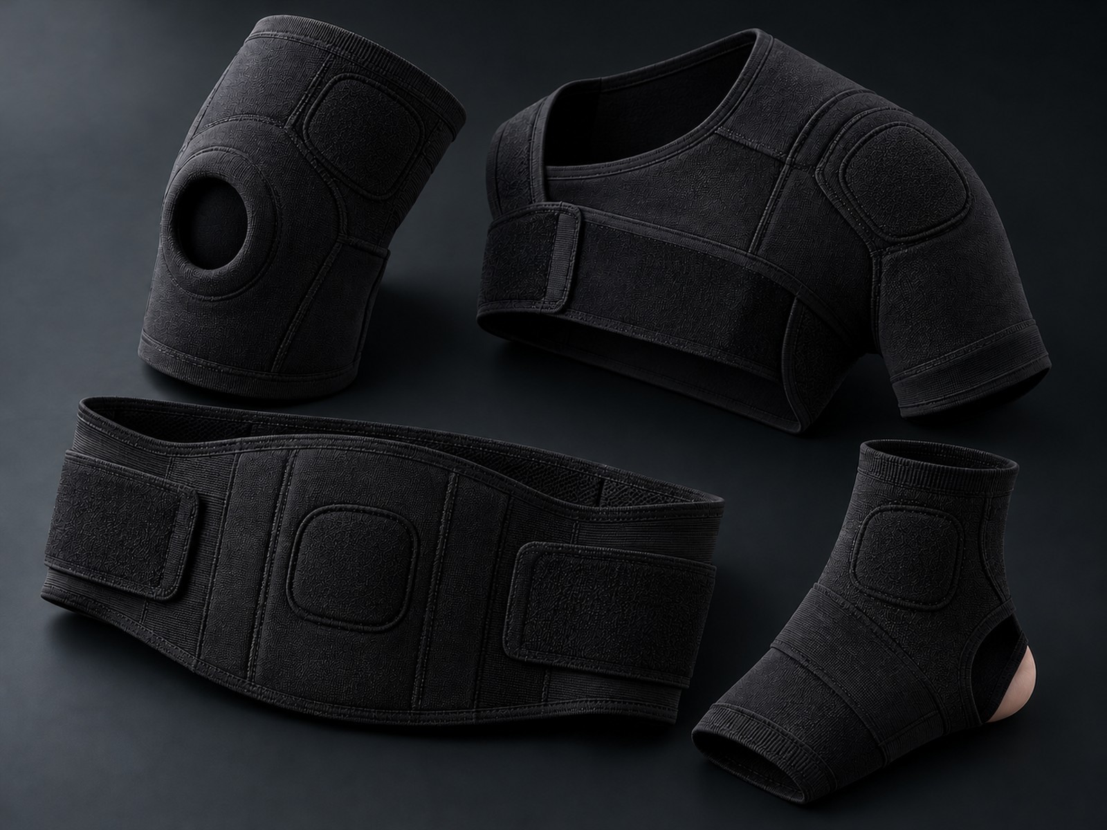 Matte black Kontrast carriers for the knee, shoulder, back and ankle.