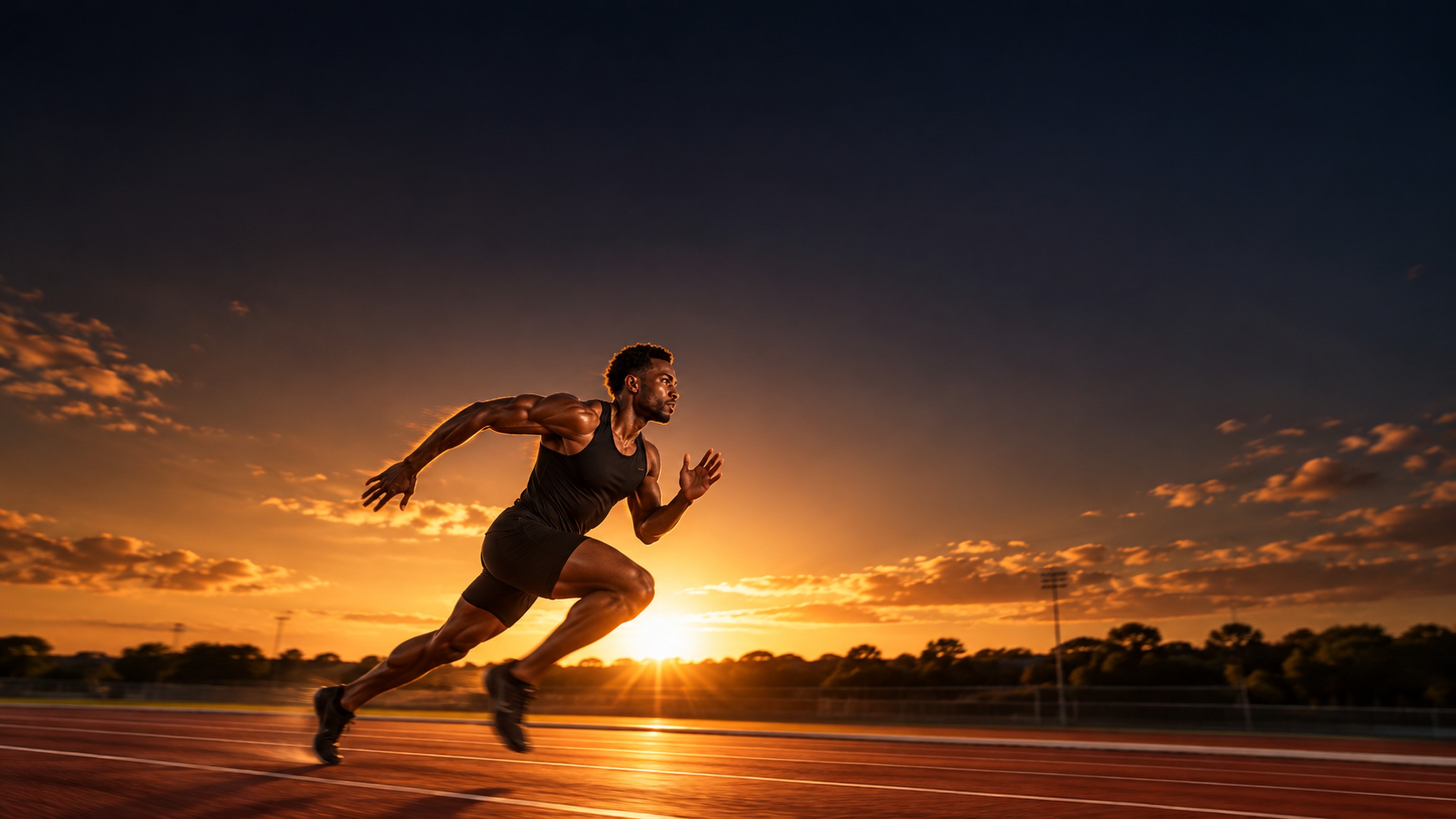 Athlete sprinting on an outdoor track at golden hour beneath a dark sky.